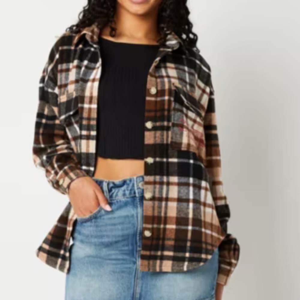 Stranger Things Plaid Shacket Womens Long Sleeve Junior Sized Brown and … - Picture 2 of 6